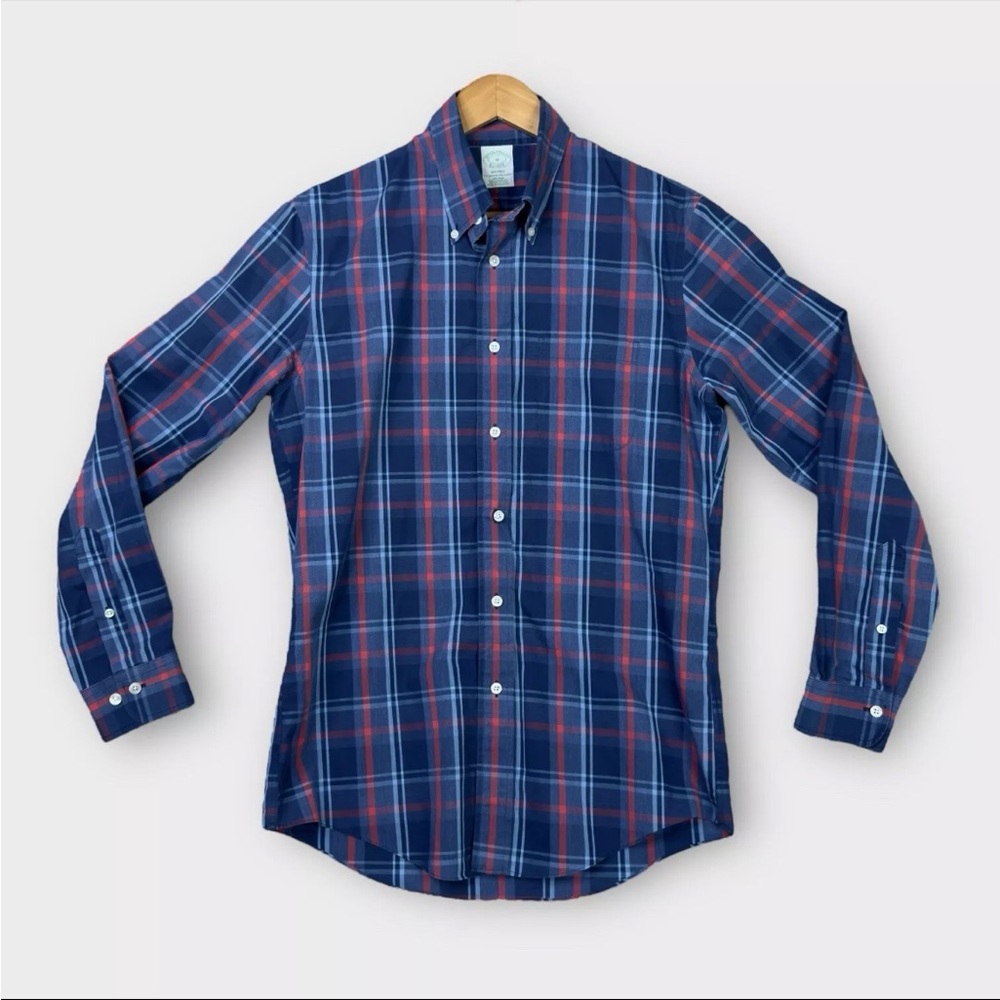 Brooks Brothers Milano Fit Button Down Shirt Mens M Non Iron Supima Blue Plaid
